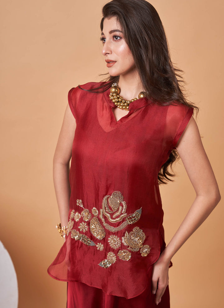 Ruby Zardozi Skirt Set – deep red organza zardozi top with satin skirt, view 3