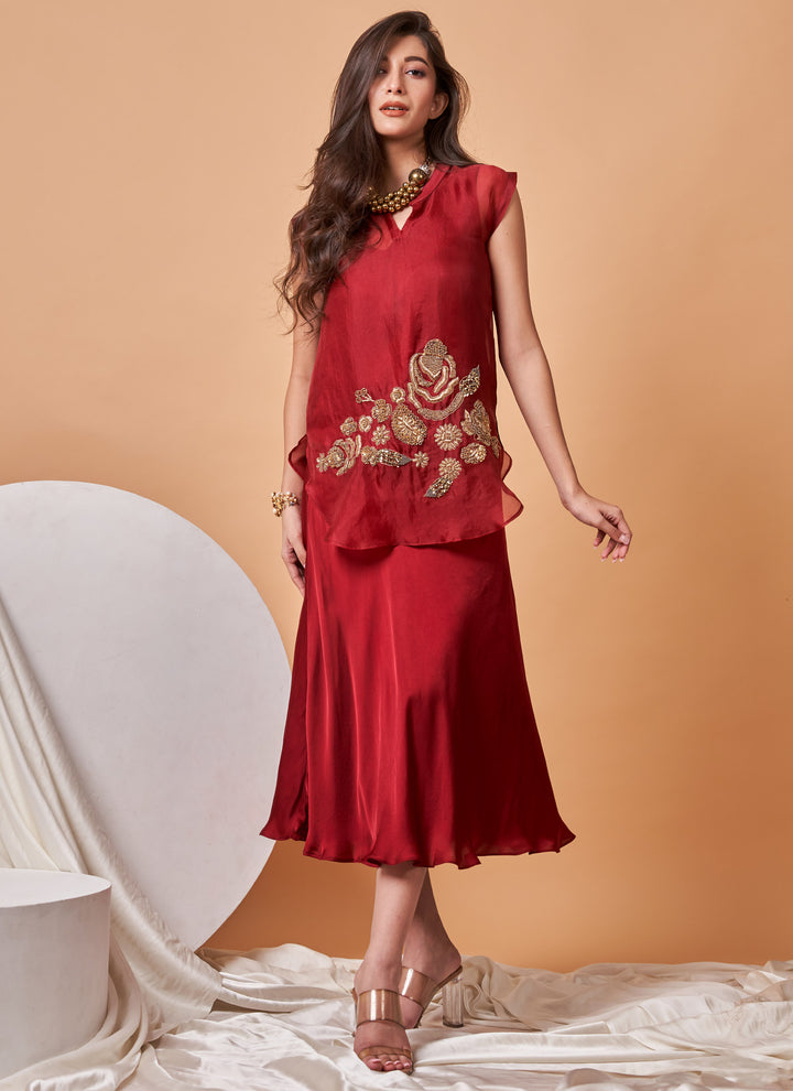 Ruby Zardozi Skirt Set – deep red organza zardozi top with satin skirt, view 4
