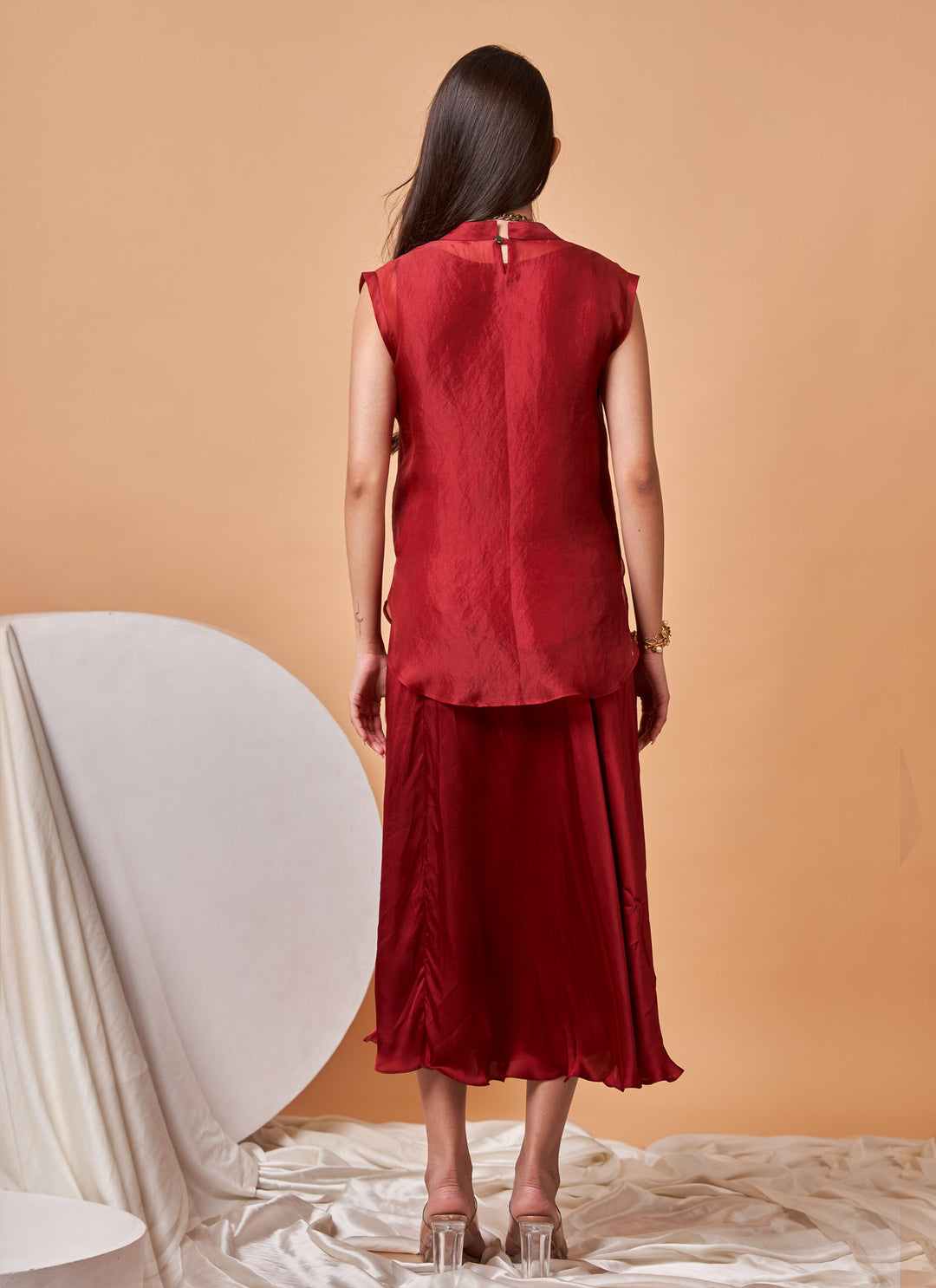 Ruby Zardozi Skirt Set – deep red organza zardozi top with satin skirt, view 5