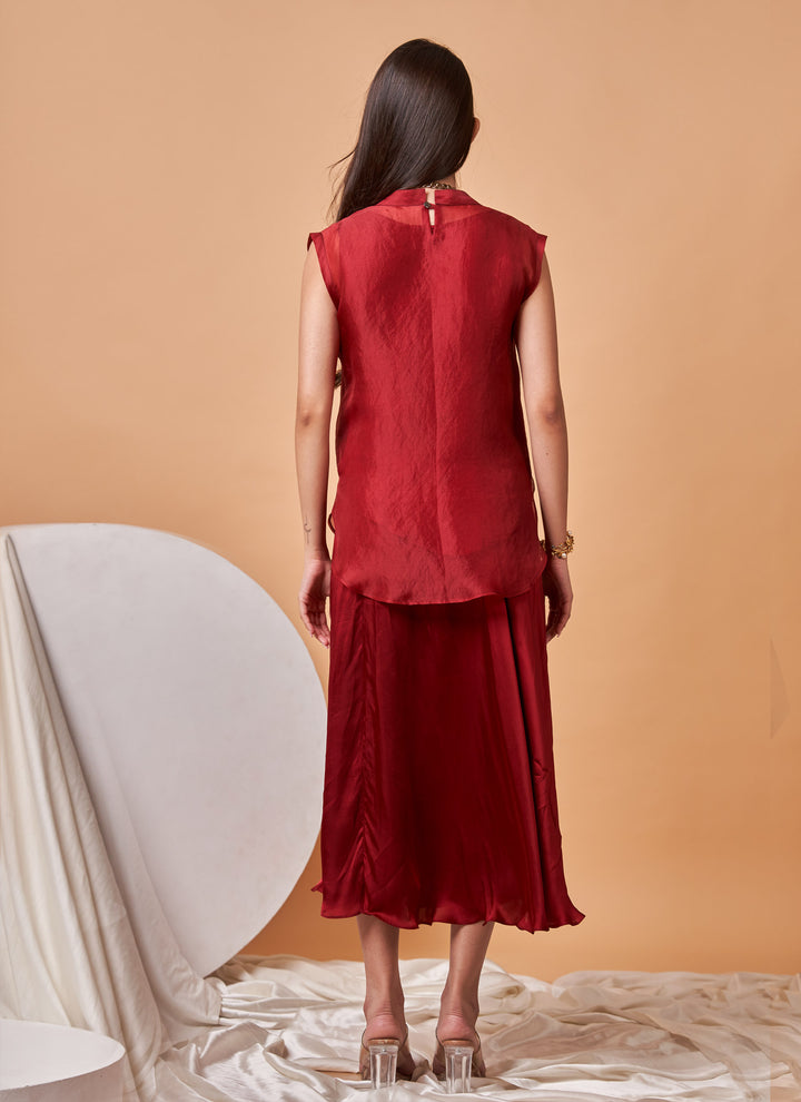 Ruby Zardozi Skirt Set – deep red organza zardozi top with satin skirt, view 5
