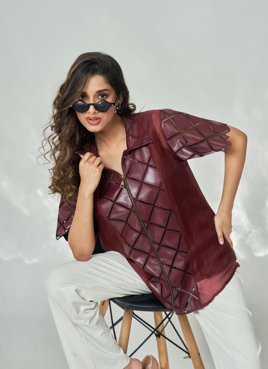 Wine Centre Zipper Leatherite Shirt – wine organza shirt with leatherite centre zip panel | House of Moyra