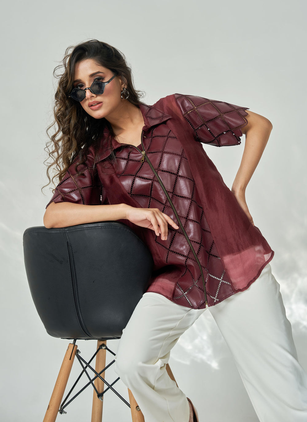 Wine Centre Zipper Leatherite Shirt – wine organza shirt with leatherite centre zip panel, view 2