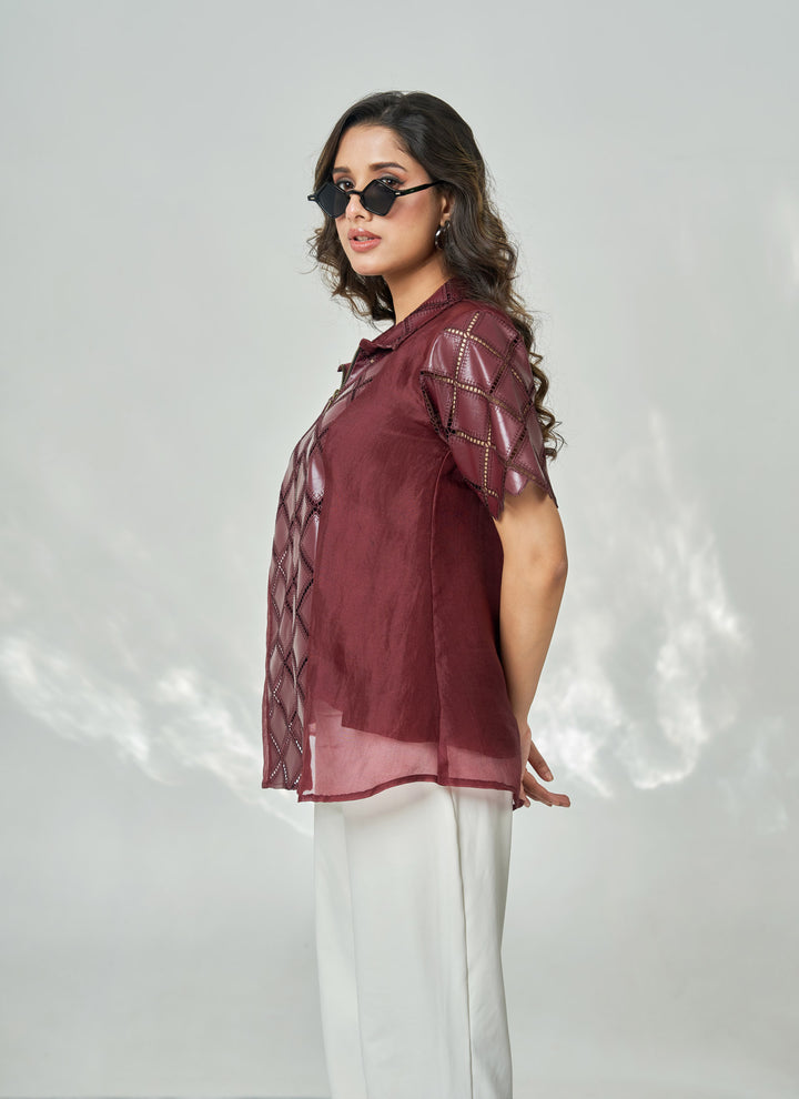 Wine Centre Zipper Leatherite Shirt – wine organza shirt with leatherite centre zip panel, view 3