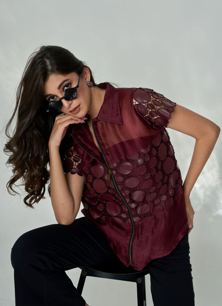 Wine Leatherite Bustier Shirt – wine organza shirt with leatherite bustier panel, view 2