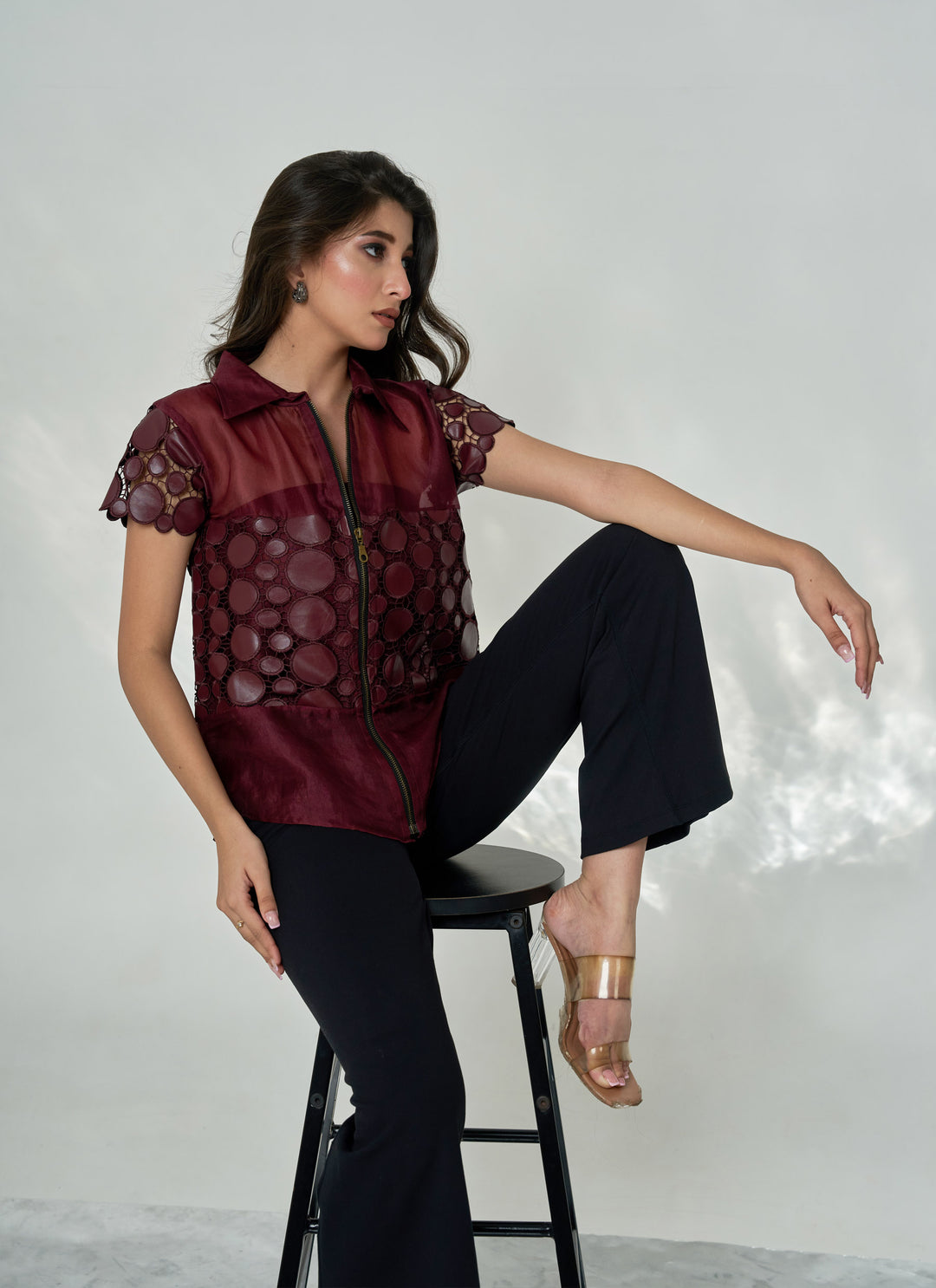 Wine Leatherite Bustier Shirt – wine organza shirt with leatherite bustier panel, view 3