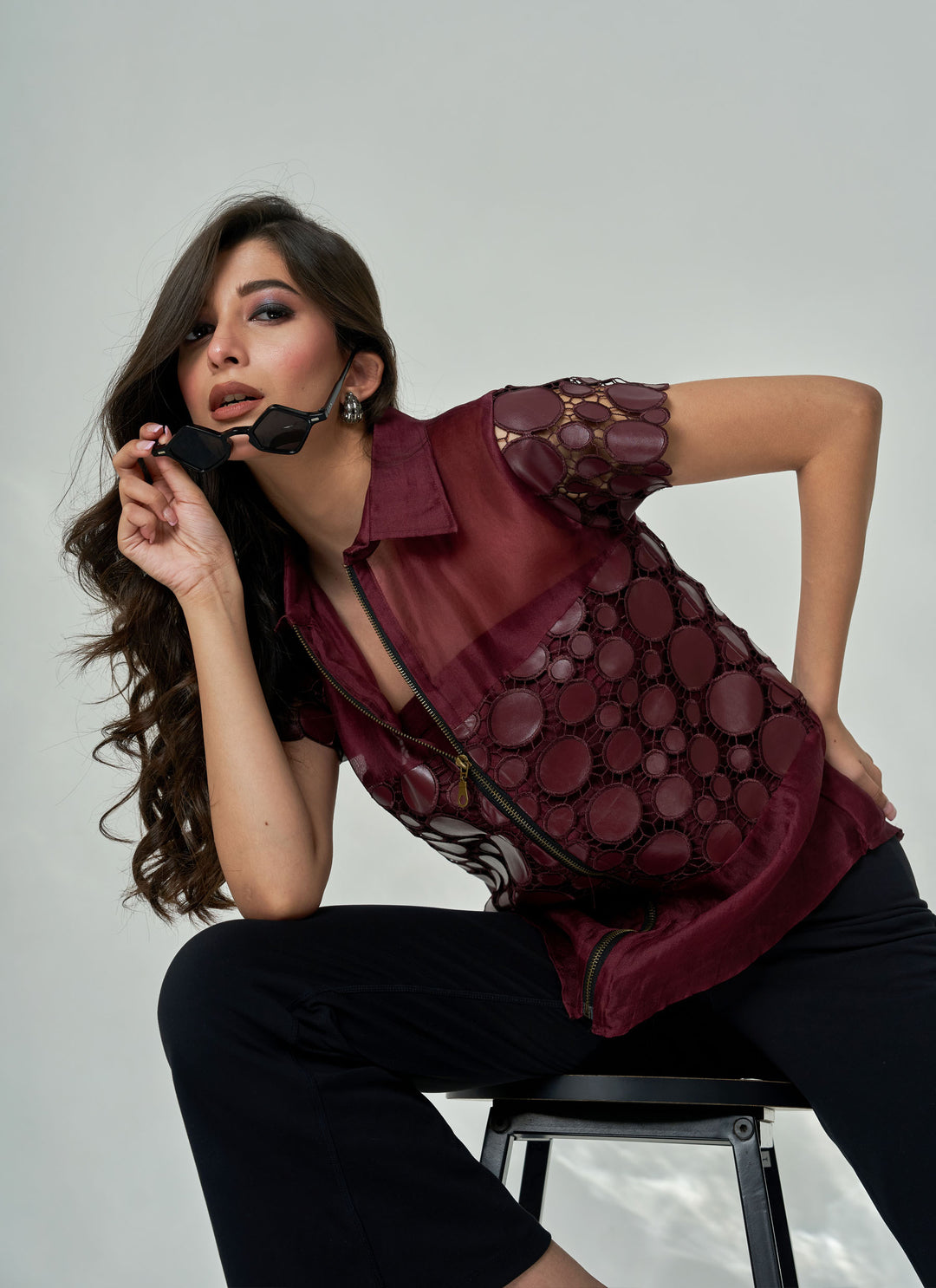 Wine Leatherite Bustier Shirt – wine organza shirt with leatherite bustier panel, view 5