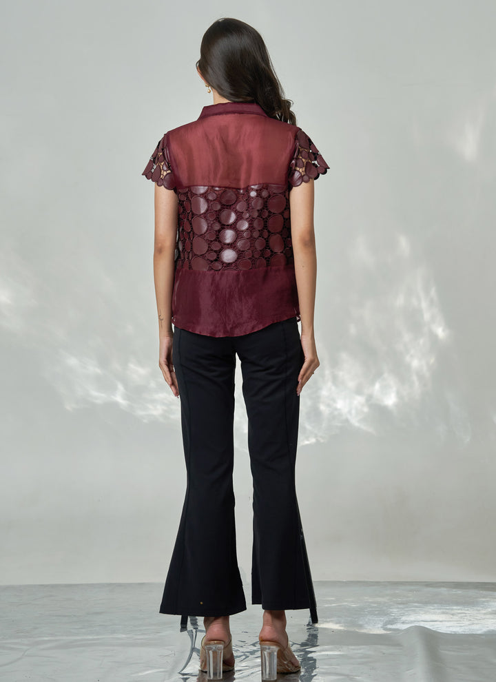 Wine Leatherite Bustier Shirt – wine organza shirt with leatherite bustier panel, view 6