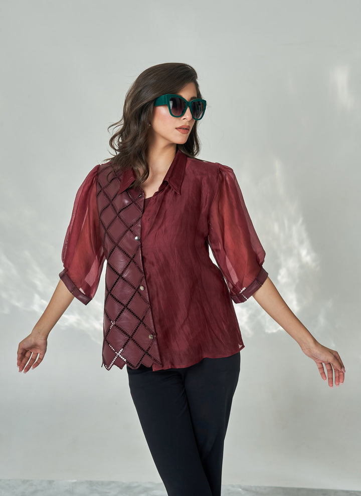 Wine Leatherite Half n Half Shirt – wine shirt in half leatherite, half organza | House of Moyra