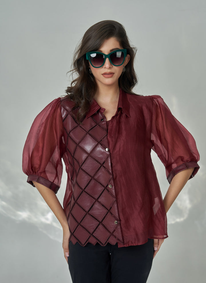 Wine Leatherite Half n Half Shirt – wine shirt in half leatherite, half organza, view 2
