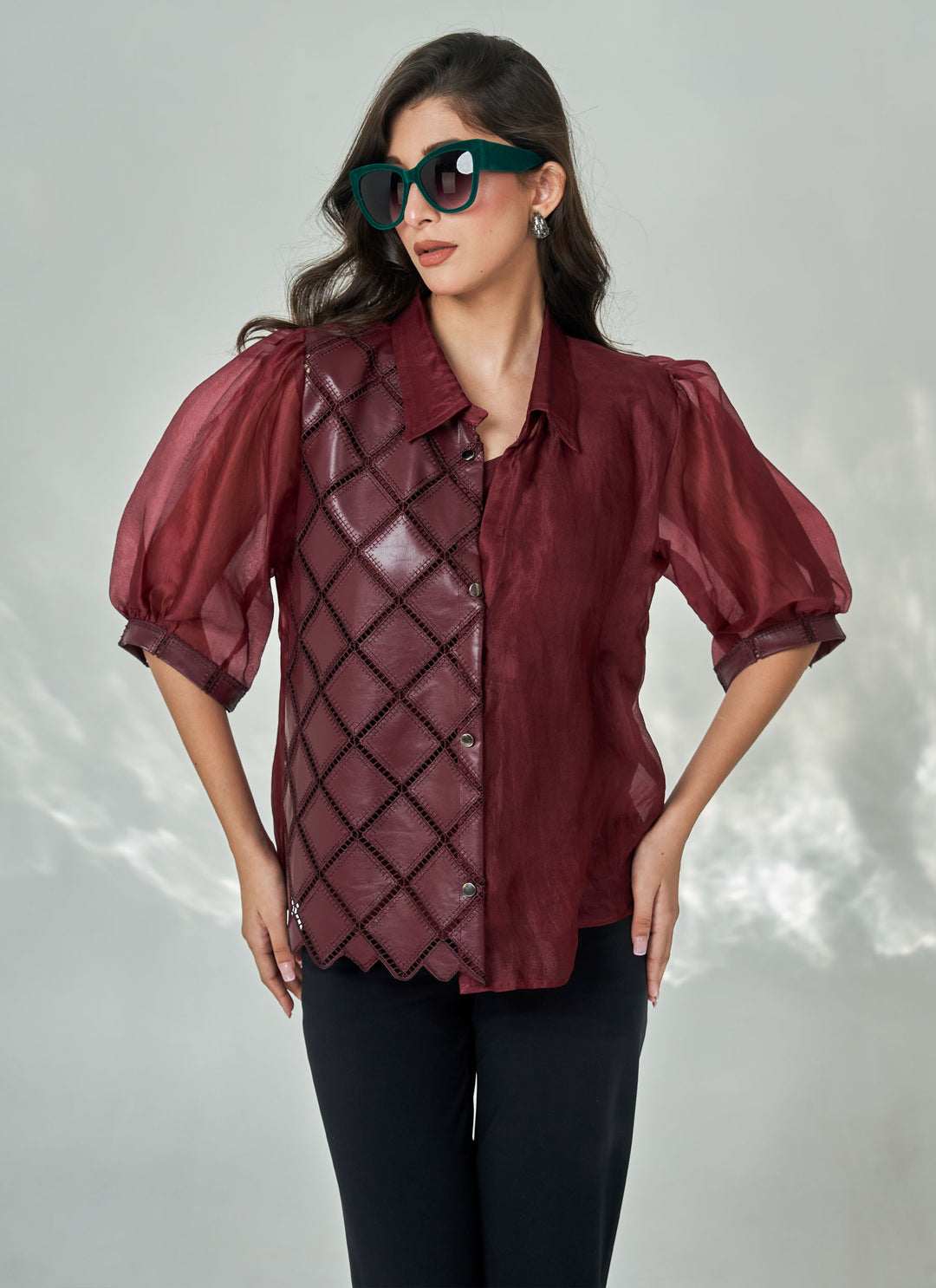 Wine Leatherite Half n Half Shirt – wine shirt in half leatherite, half organza, view 3
