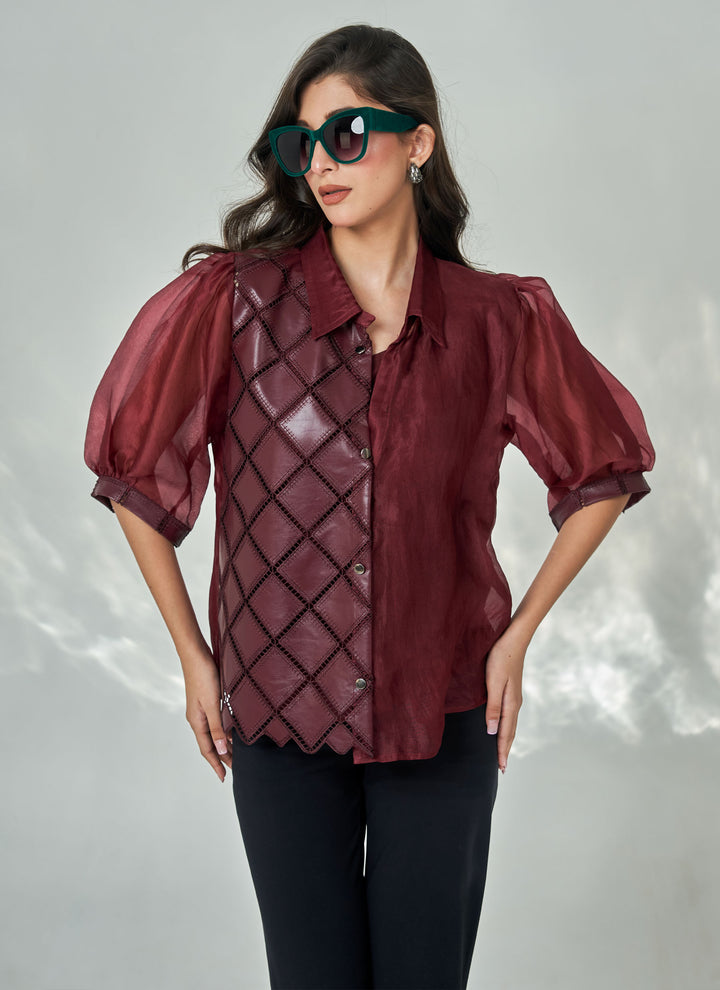 Wine Leatherite Half n Half Shirt – wine shirt in half leatherite, half organza, view 3
