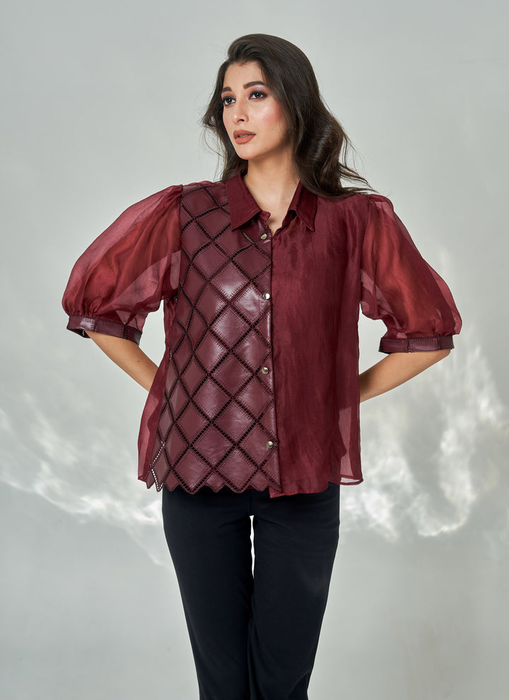 Wine Leatherite Half n Half Shirt – wine shirt in half leatherite, half organza, view 4