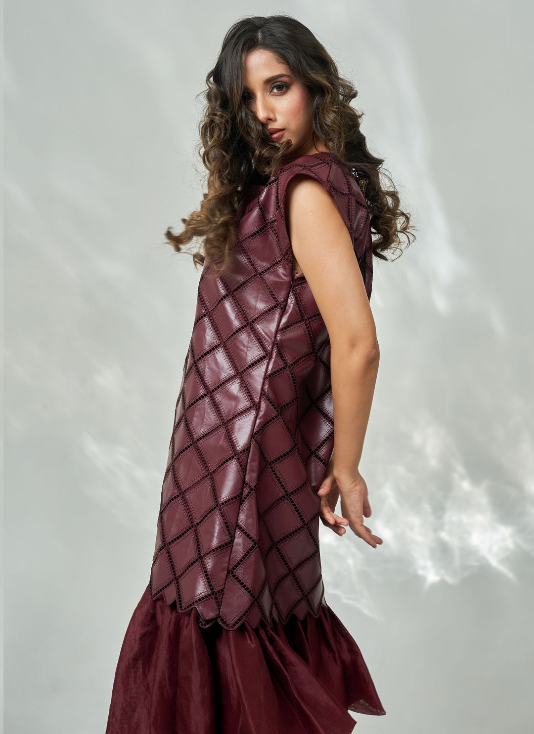 Wine Leatherite Ruffle Dress – wine leatherite dress with pleated organza hem | House of Moyra