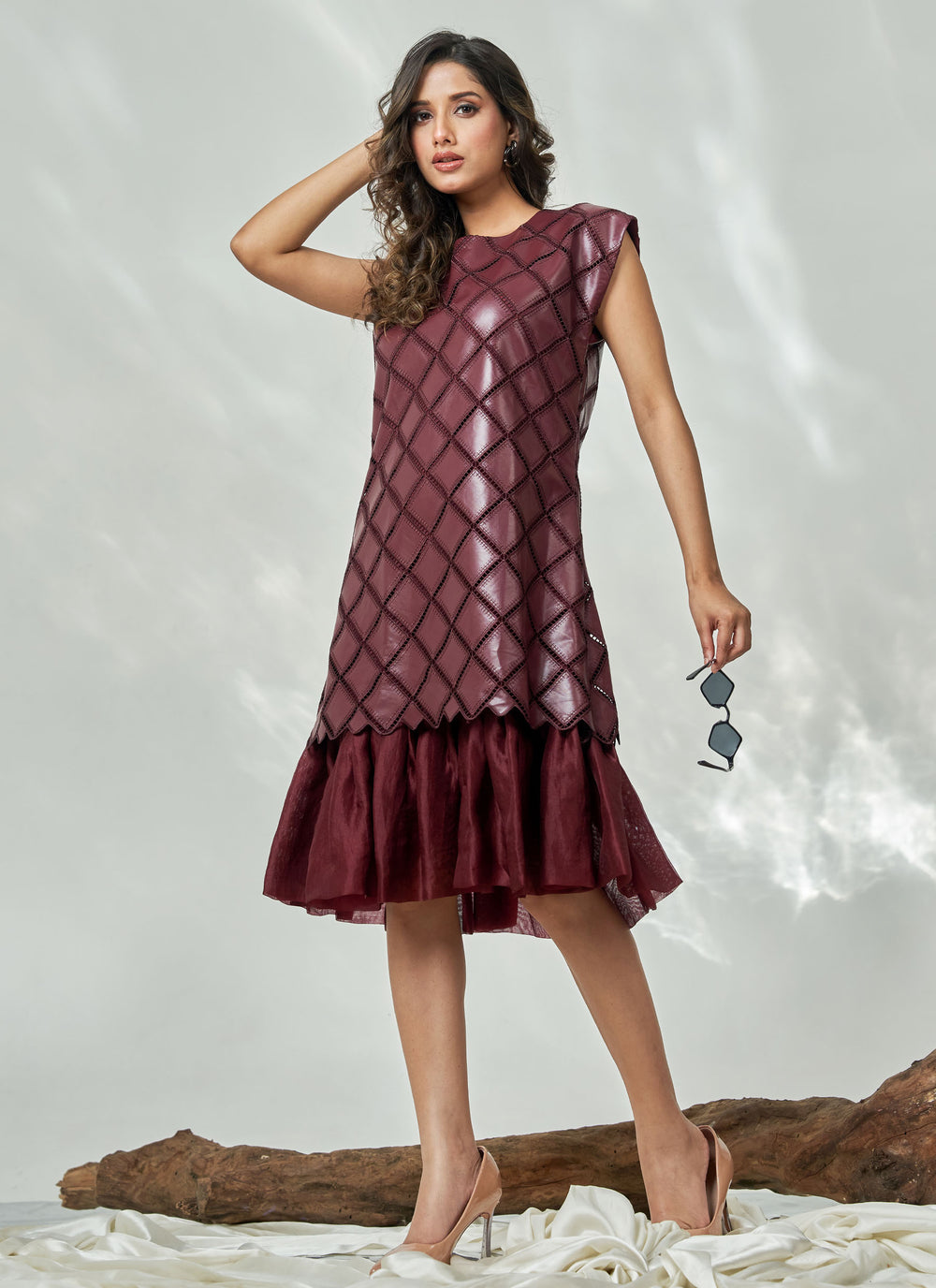 Wine Leatherite Ruffle Dress – wine leatherite dress with pleated organza hem, view 2