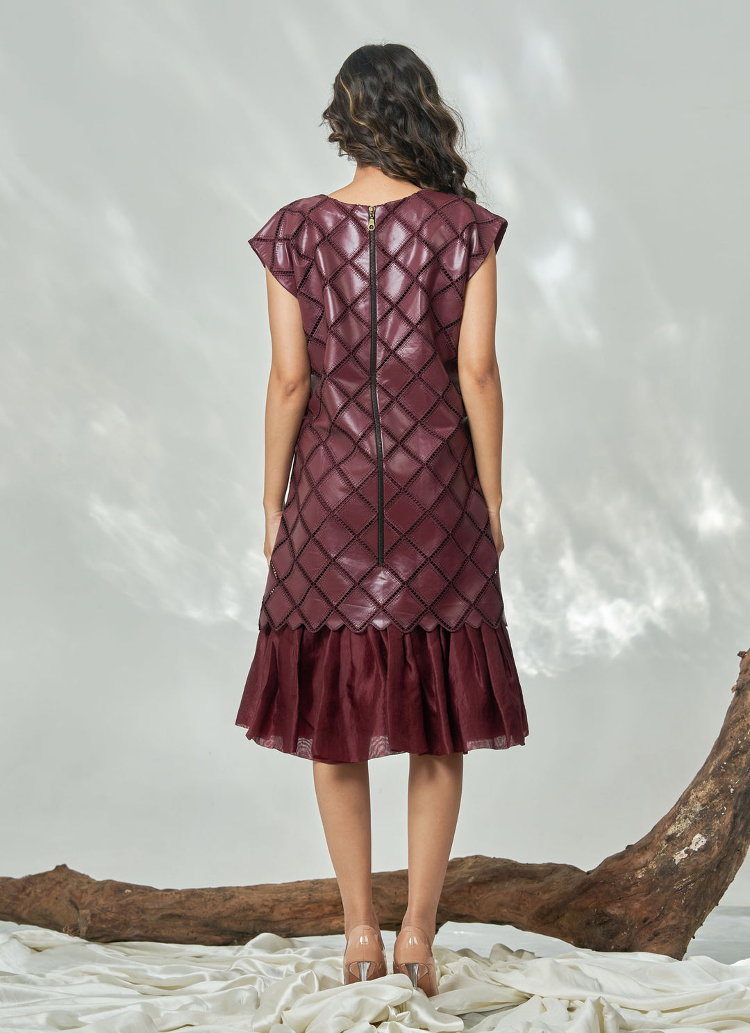 Wine Leatherite Ruffle Dress – wine leatherite dress with pleated organza hem, view 4