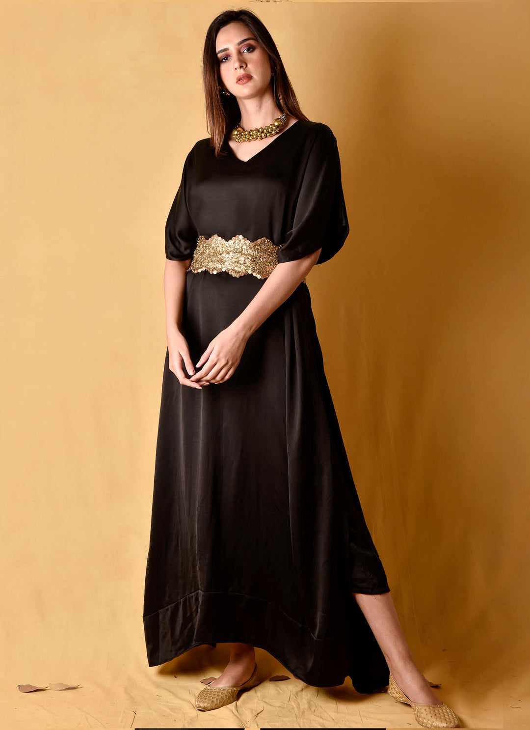 Black Satin Kaftan Dress With Belt