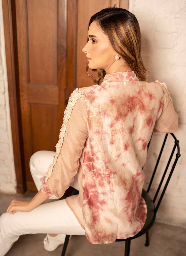 Peach Bomb Dye Shirt With Embroidered Flowers - 4