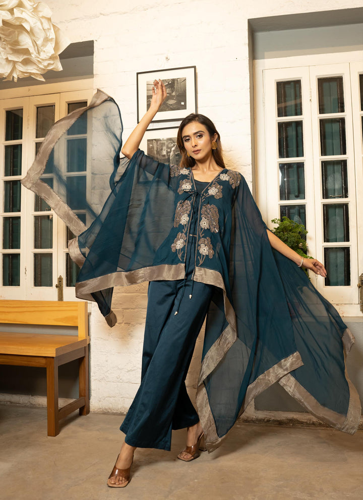 Teal Embroidered Cape Set