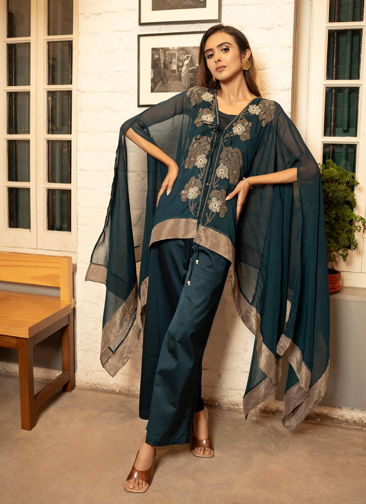 Teal Embroidered Cape Set