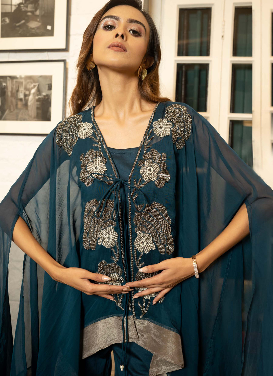 Teal Embroidered Cape Set