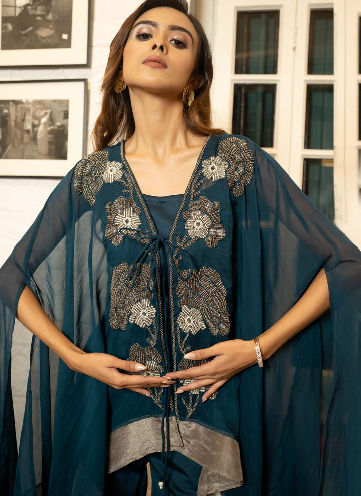 Teal Embroidered Cape Set