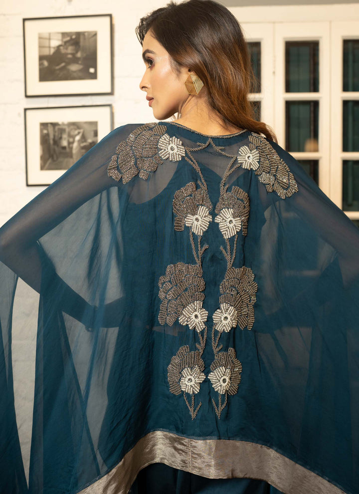 Teal Embroidered Cape Set