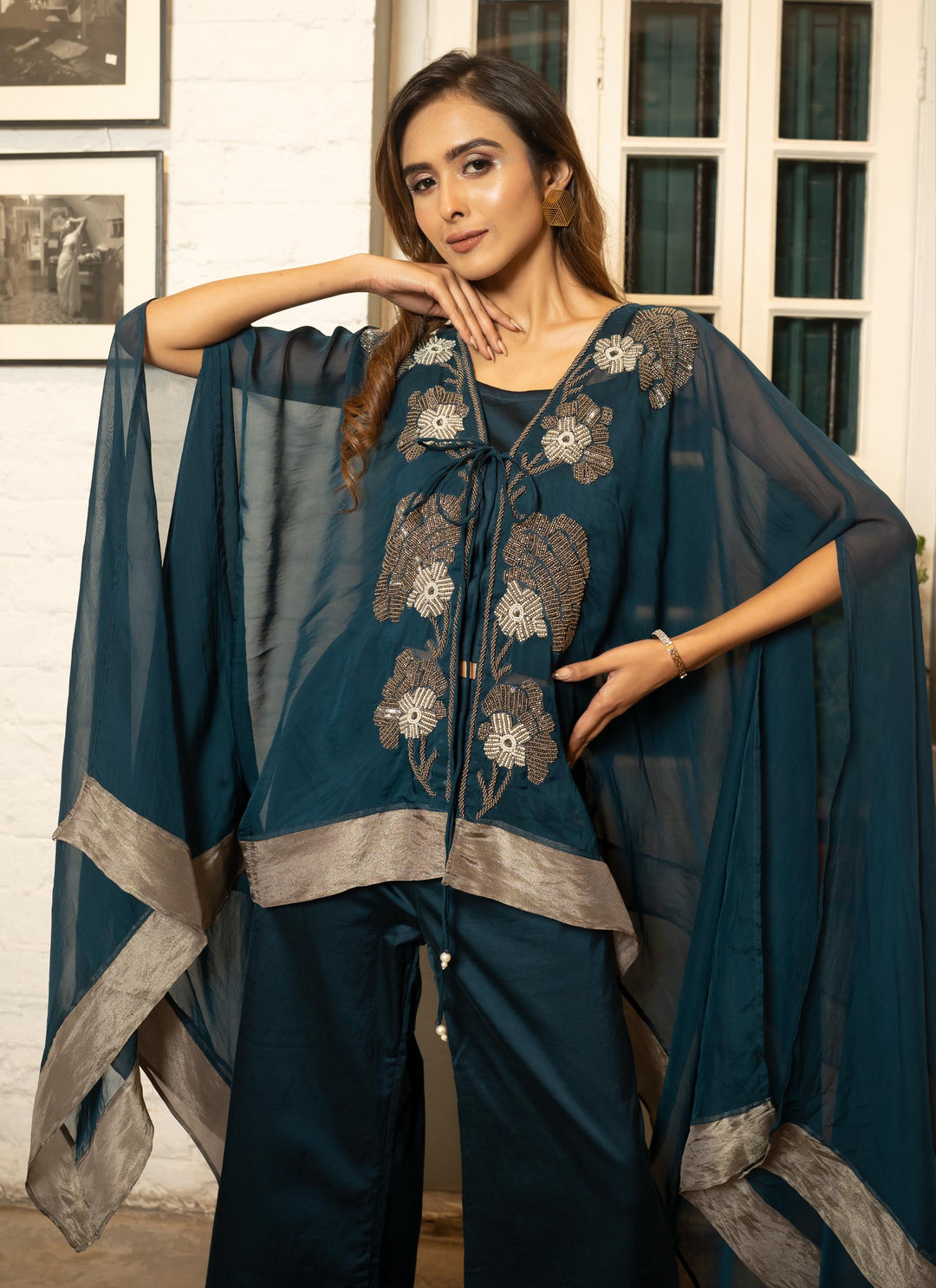 Teal Embroidered Cape Set