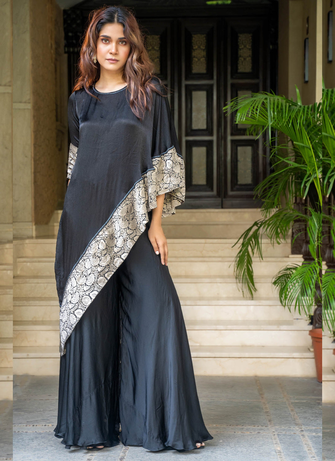Black Asymmetrical Tunic With Sharara Pants - 1