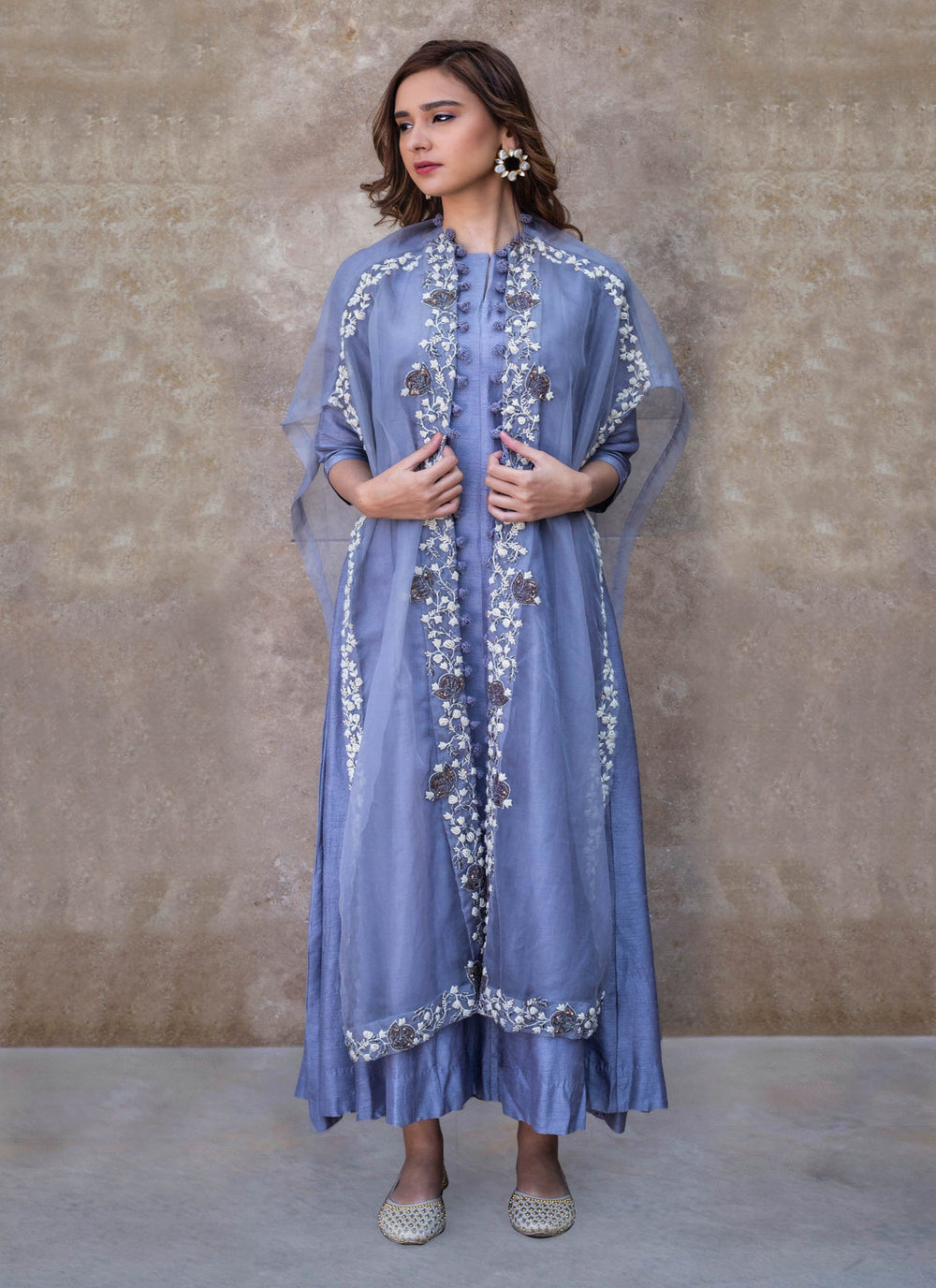 Grey Dress With Open Cape Jacket Front