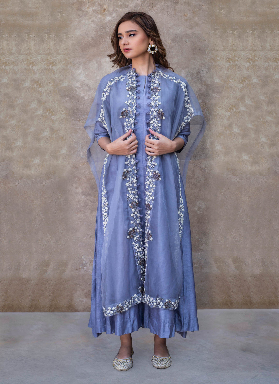 Grey Dress With Open Cape Jacket Front