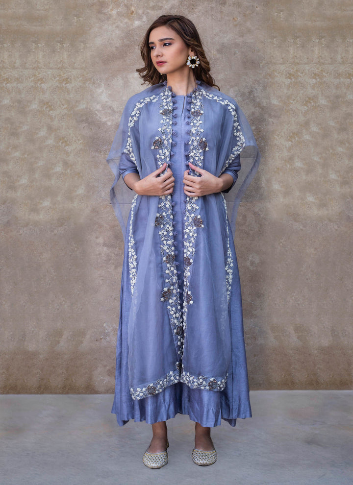 Grey Dress With Open Cape Jacket Front