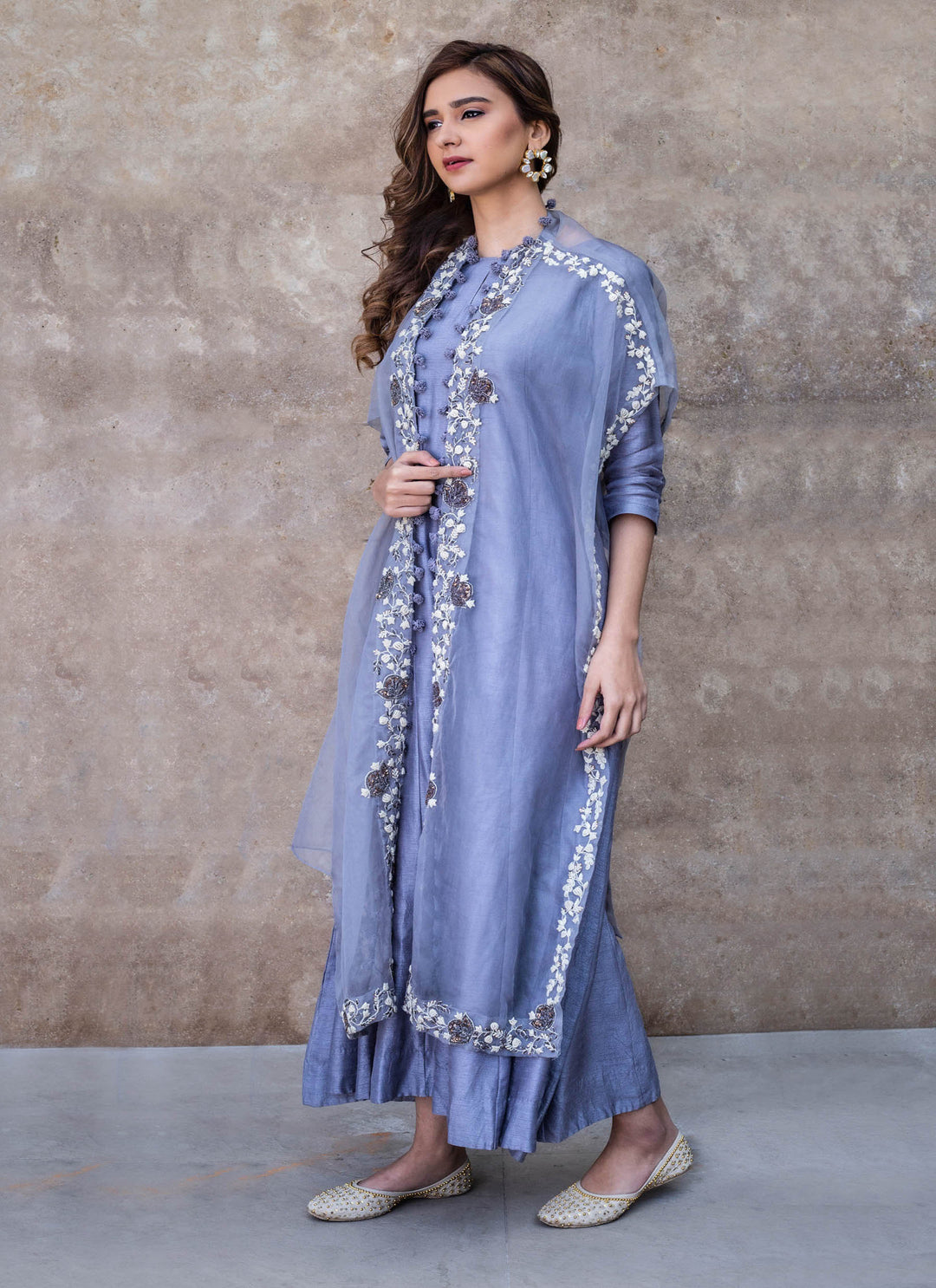 Grey Dress With Open Cape Jacket Standing