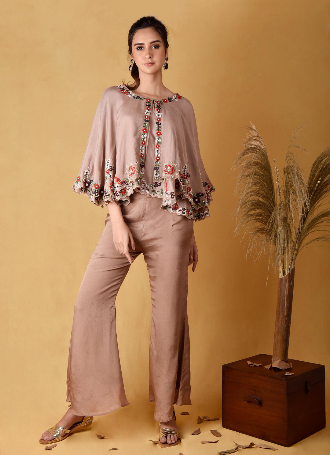 Poncho Top With Bell-Bottom Pants