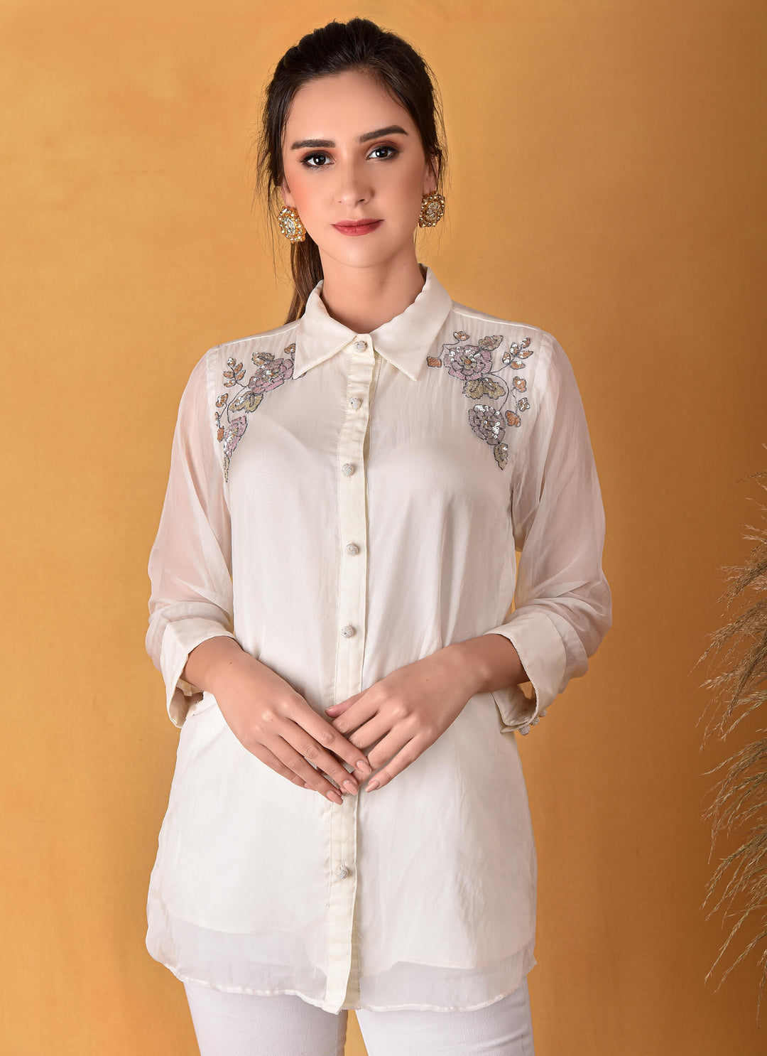 White Organza Sequins Shirt